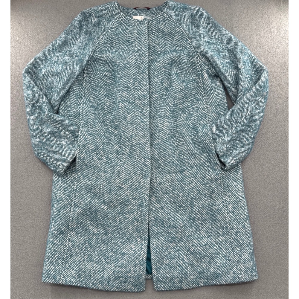 Boden Herringbone Coat Teal Wool Alpaca Blend Collarless Sophisticated Luxury